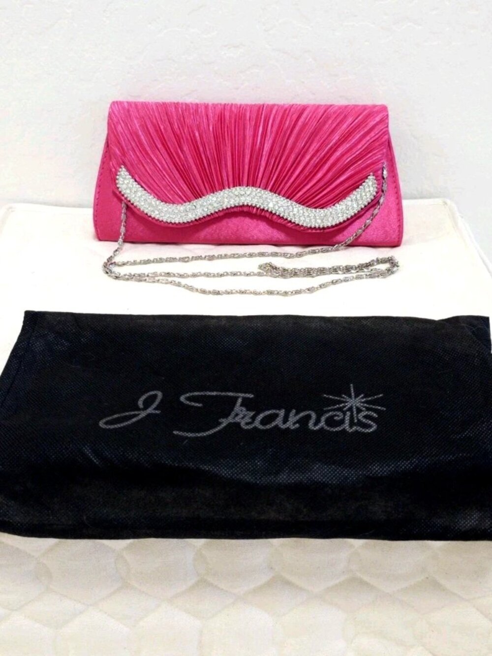 NEW VTG 80s J Francis Small HOT PINK Crossbody Clutch Purse RHINESTONE w/ Chain
